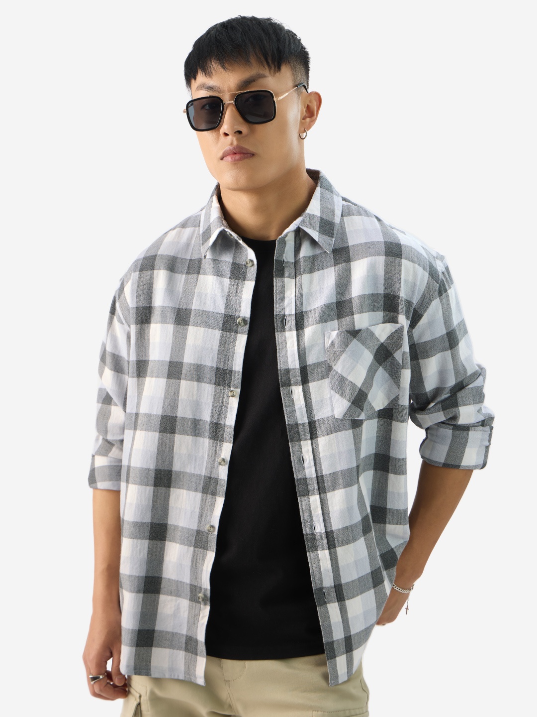 

The Souled Store Oversized Checked Pure Cotton Casual Shirt, Off white