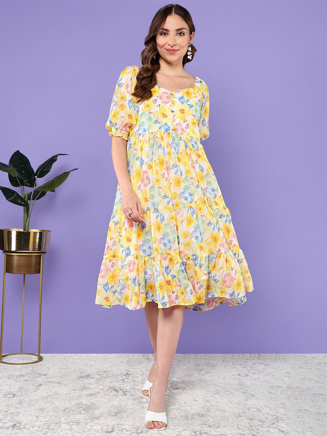 

BAESD Floral Printed Puff Sleeves Tiered Chiffon Empire Dress, Yellow