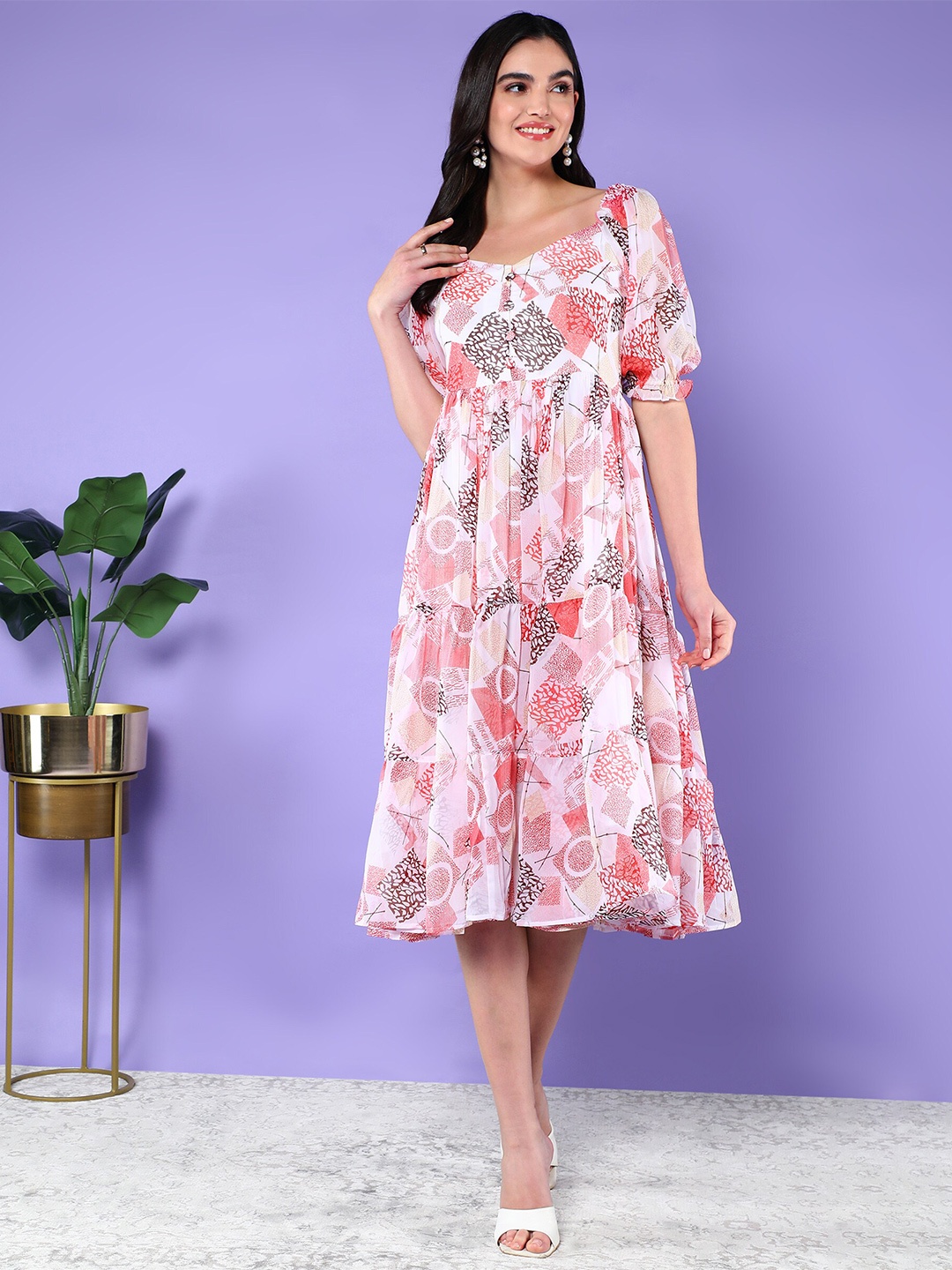 

BAESD Abstract Printed Puff Sleeves Tiered Georgette Fit & Flare Midi Dress, Red