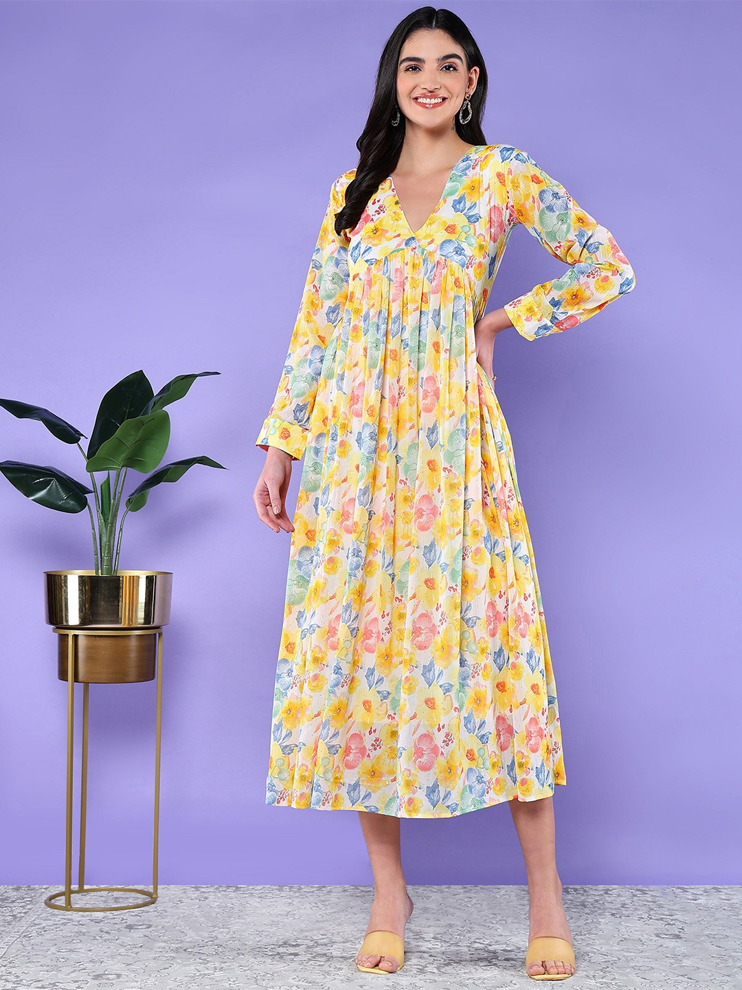 

BAESD Floral Printed V-Neck Cuffed Sleeves Gathered Detailed Cotton Empire Midi Dress, Yellow