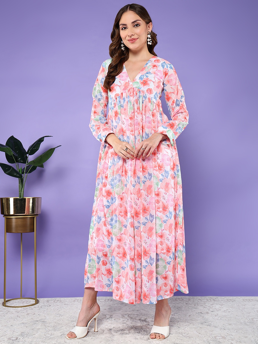 

BAESD Floral Printed Gathered Cotton Empire Midi Dress, Peach