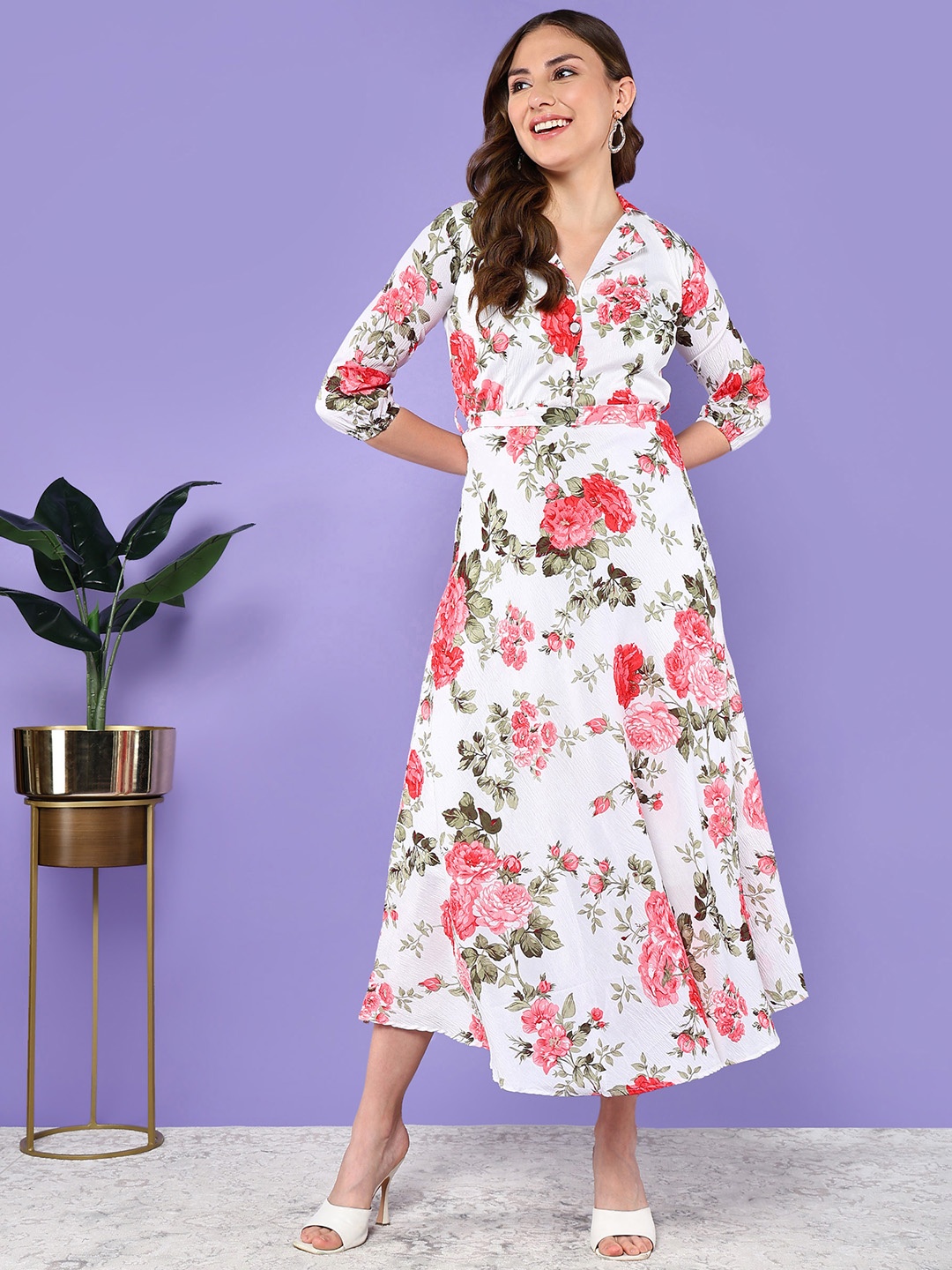 

BAESD Floral Print Fit and Flare Midi Cotton Dress, White