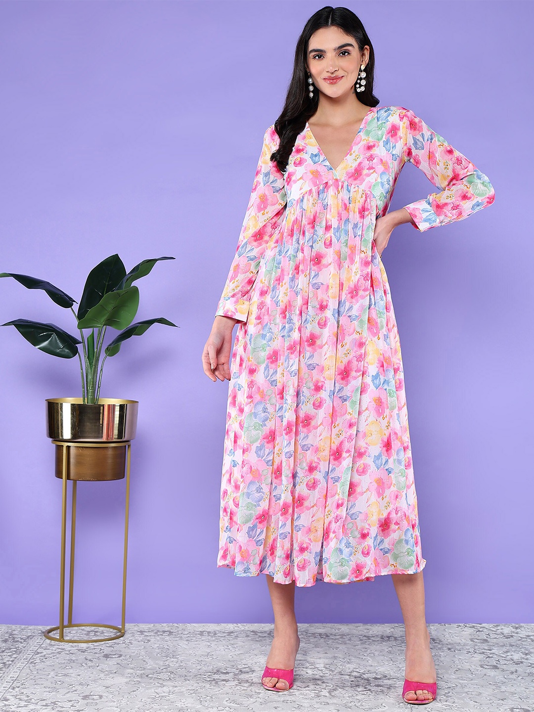 

BAESD Floral Printed V-Neck Cuffed Sleeves Gathered Detailed Cotton Empire Dress, Pink