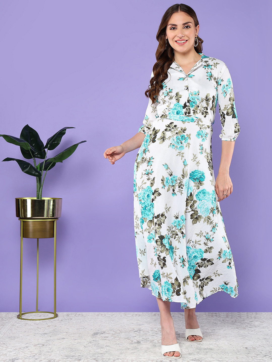 

BAESD Floral Printed Tie Up Cotton A-Line Midi Dress, White