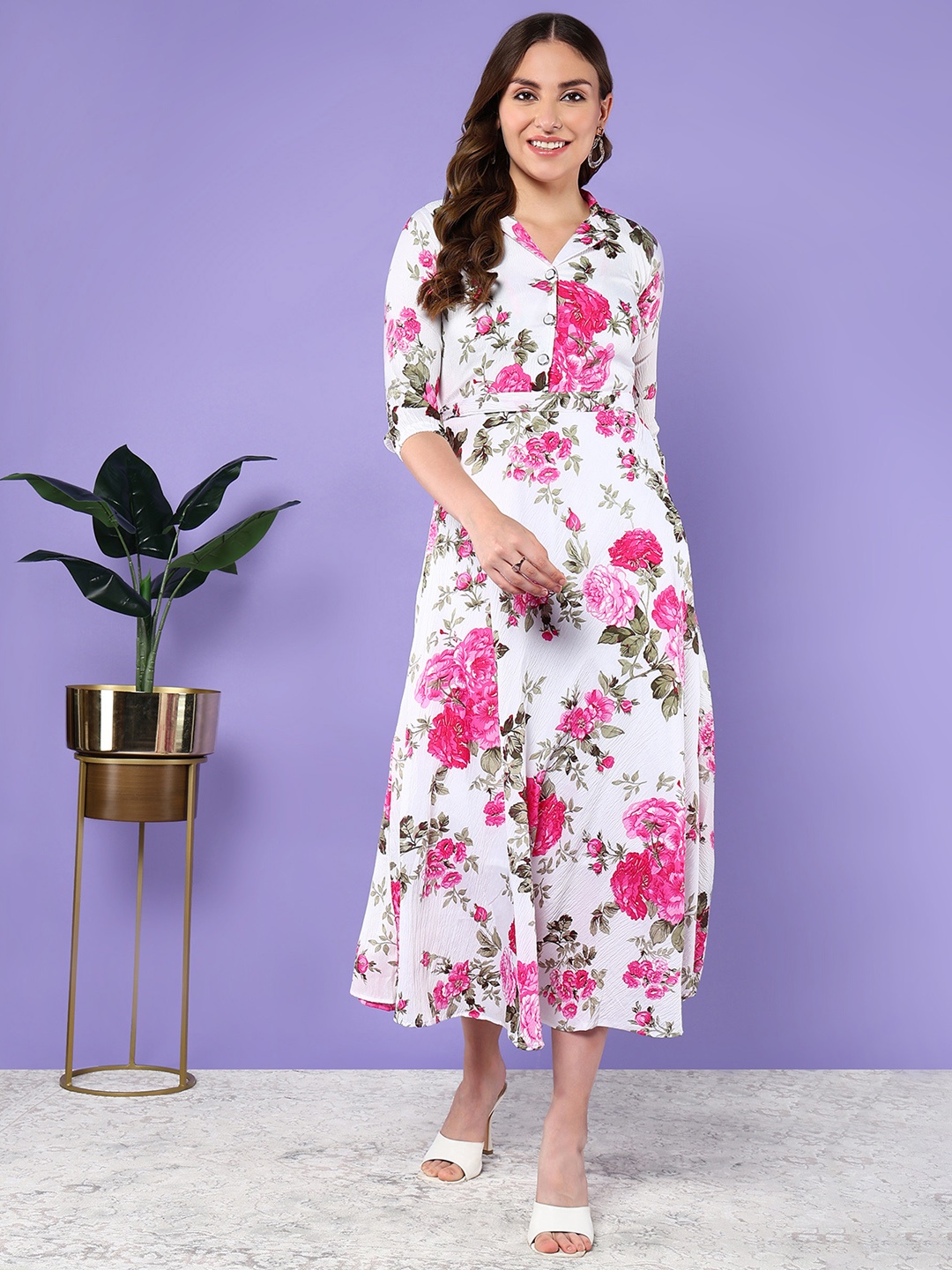 

BAESD Floral Printed Waist Tie-Up A-Line Midi Dress, Pink