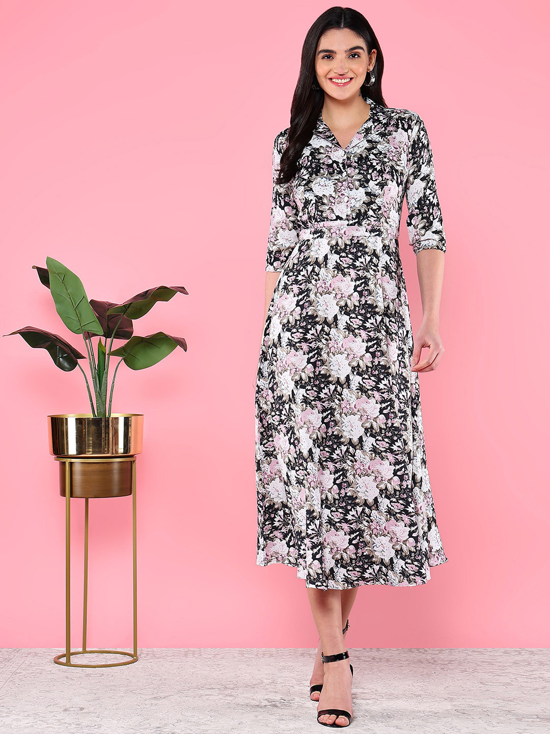

BAESD Floral Printed Cotton A-Line Midi Dress, Black