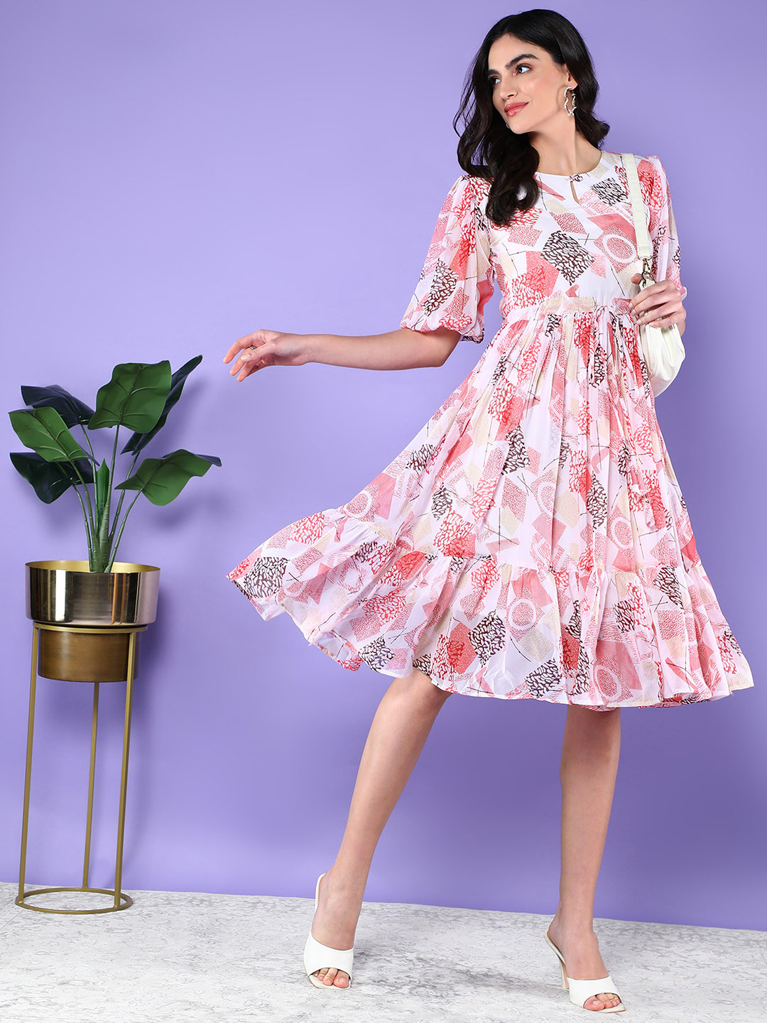 

BAESD Floral Printed Keyhole Neck Puff Sleeves Flounce Georgette Fit & Flare Dress, Red