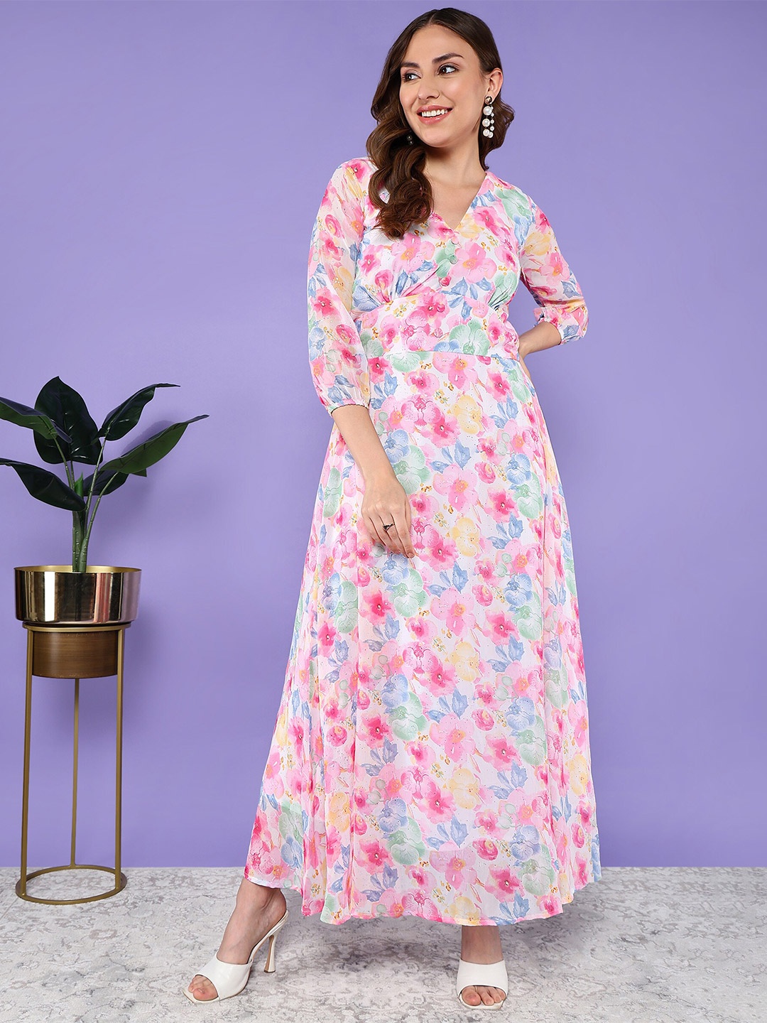 

BAESD Floral Printed V-Neck Puff Sleeves Cotton Maxi Dress, Pink