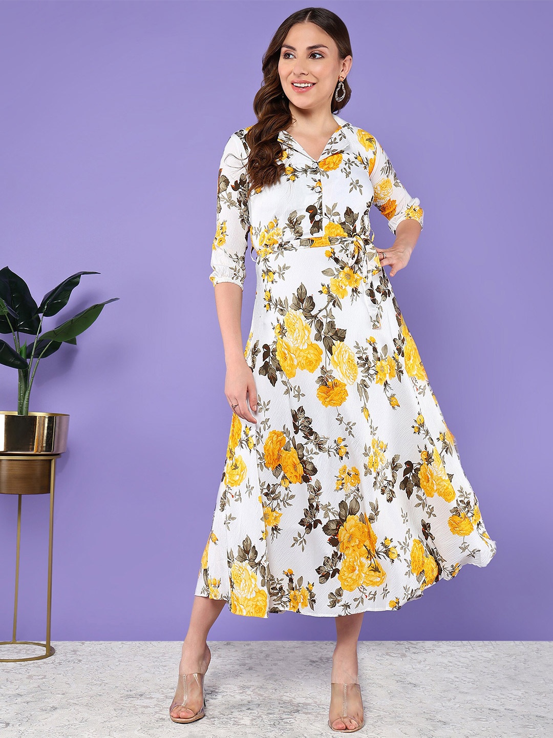 

BAESD Floral Printed Lapel Collar Belted Cotton Fit & Flare Midi Dress, Yellow