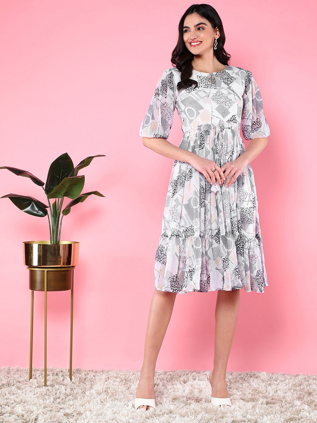 

BAESD Floral Print Georgette Fit and Flare Dress, Grey