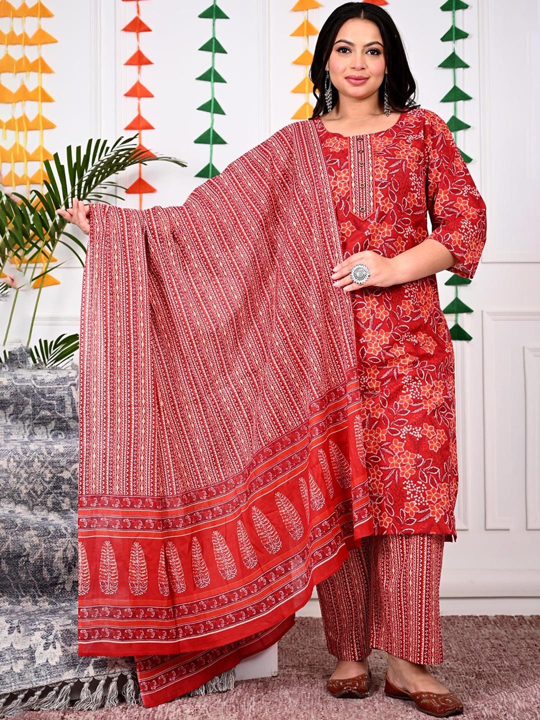 

KALINI Floral Printed Regular Sequinned Pure Cotton Kurta with Trousers & Dupatta, Red