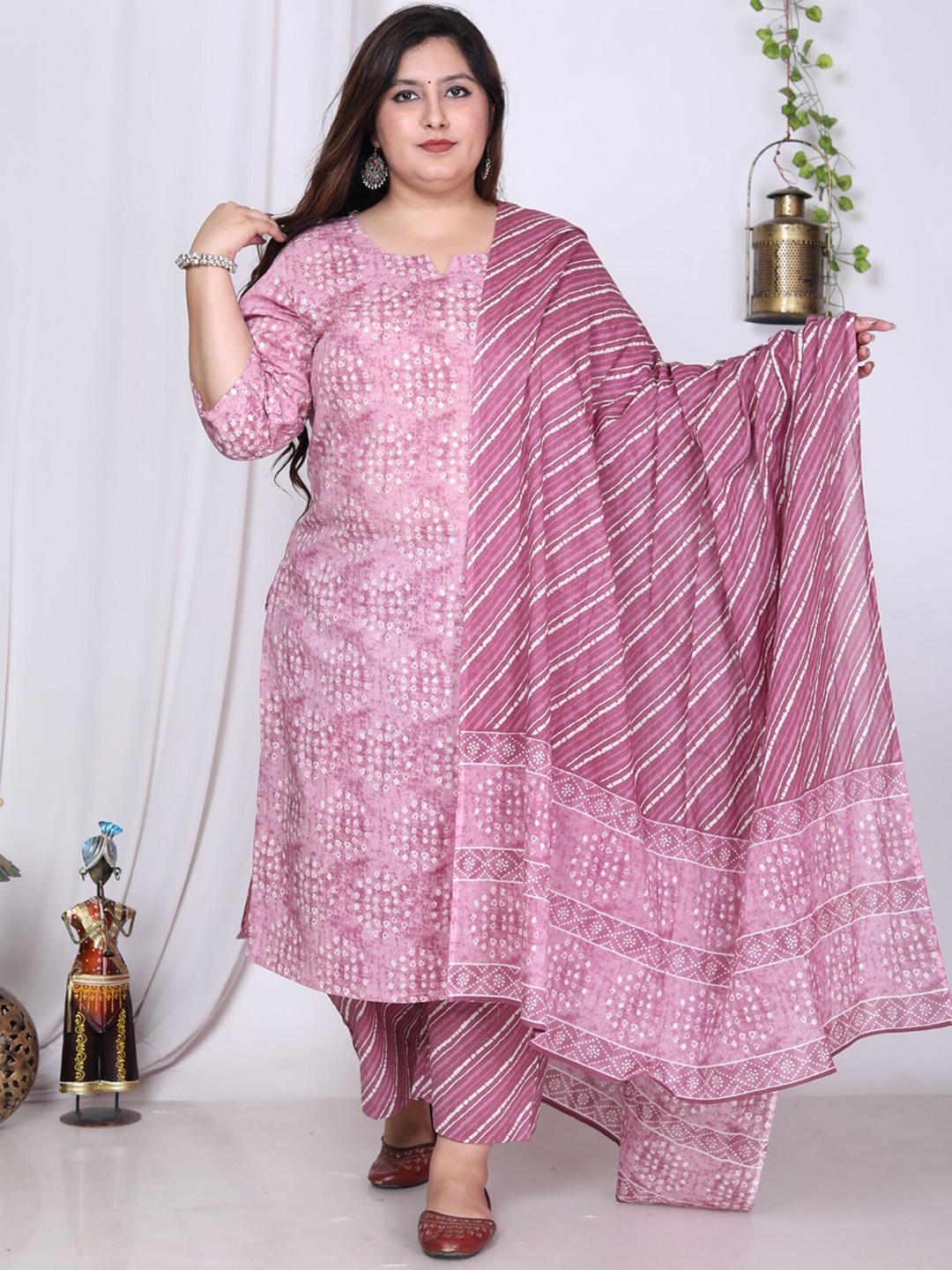 

KALINI Plus Size Geometric Printed Pure Cotton Kurta With Trousers & Dupatta, Purple