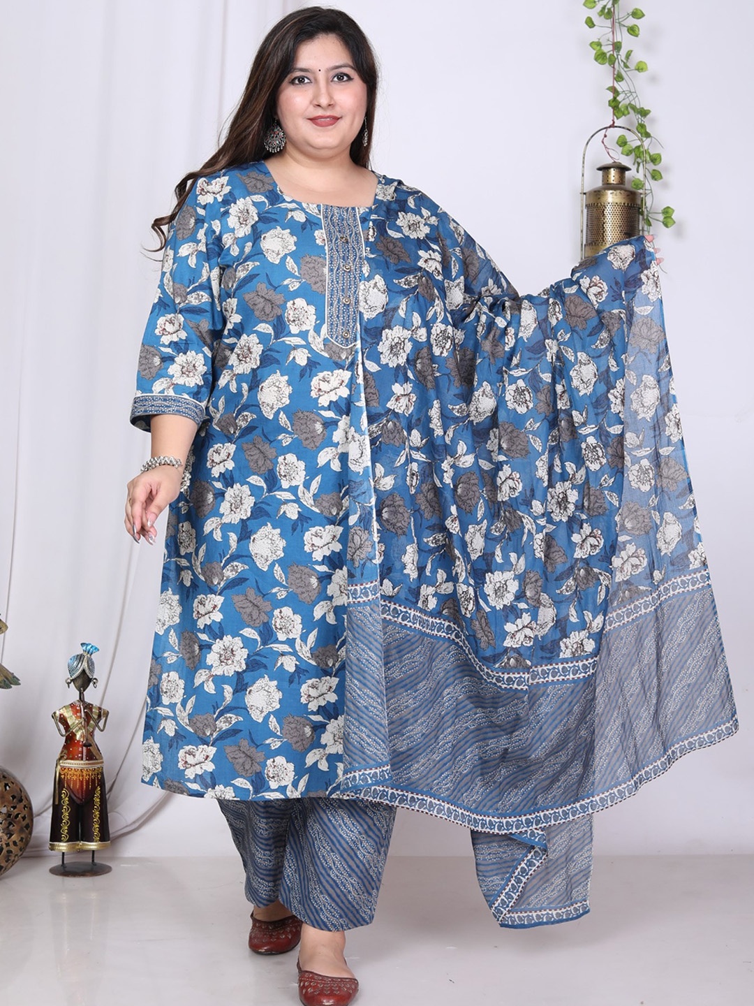 KALINI Plus Size Floral Printed Pure Cotton Kurta With Trousers & Dupatta, Blue