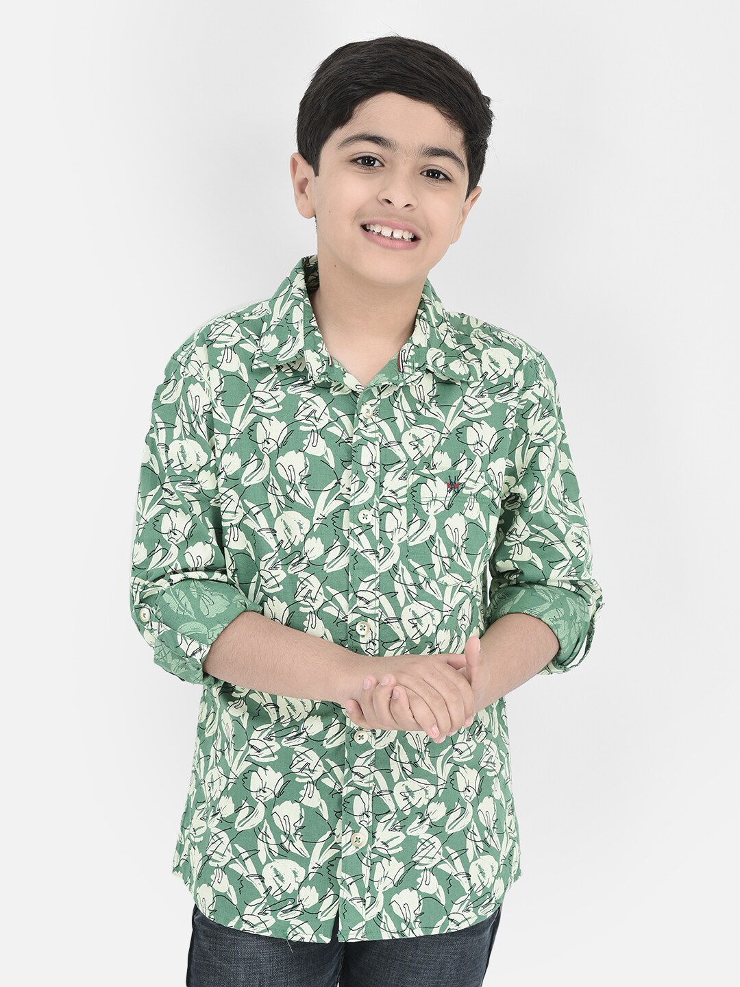 

Crimsoune Club Boys Classic Slim Fit Floral Printed Pure Cotton Casual Shirt, Green