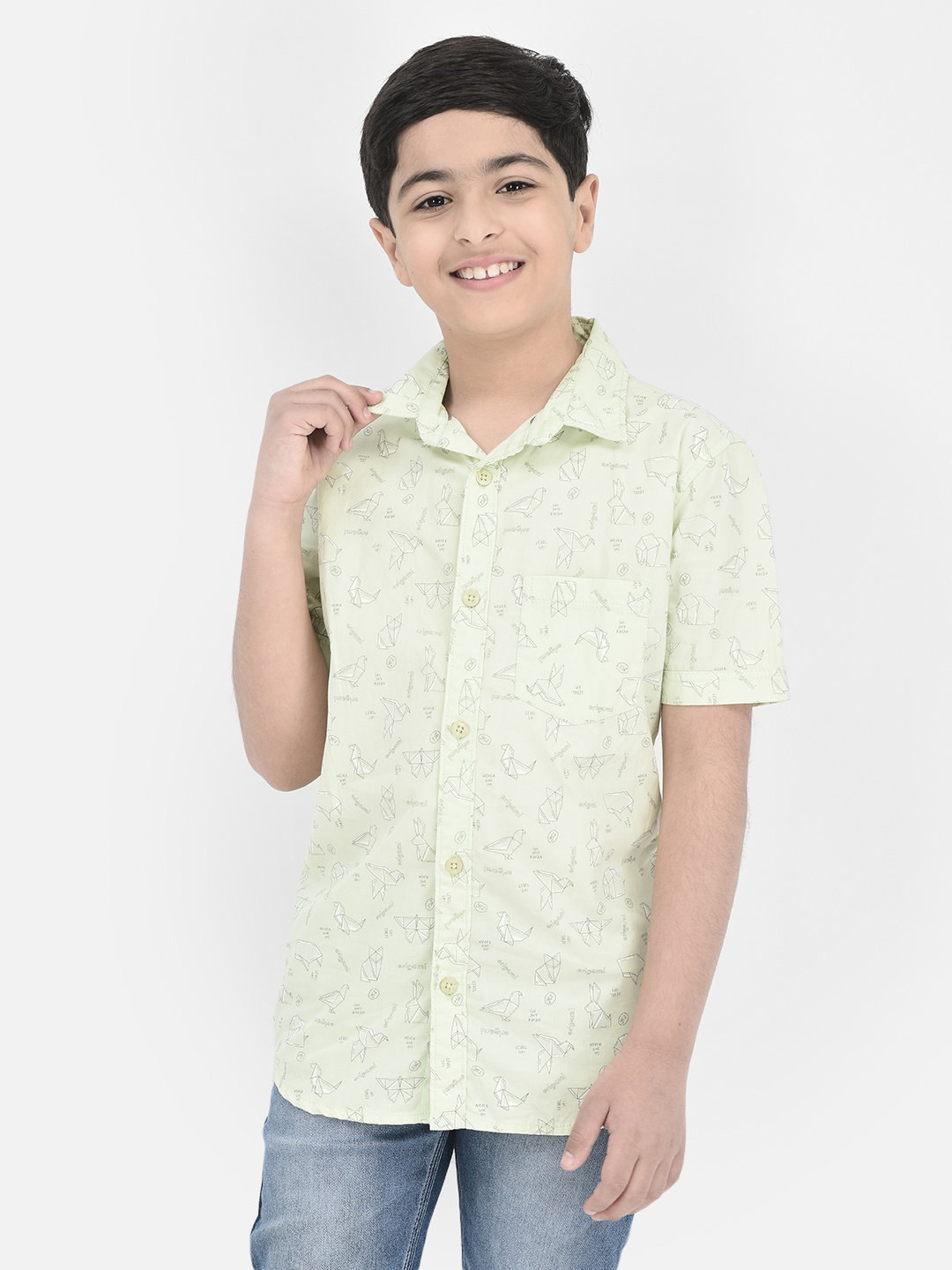 

Crimsoune Club Boys Classic Slim Fit Conversational Printed Pure Cotton Casual Shirt, Green