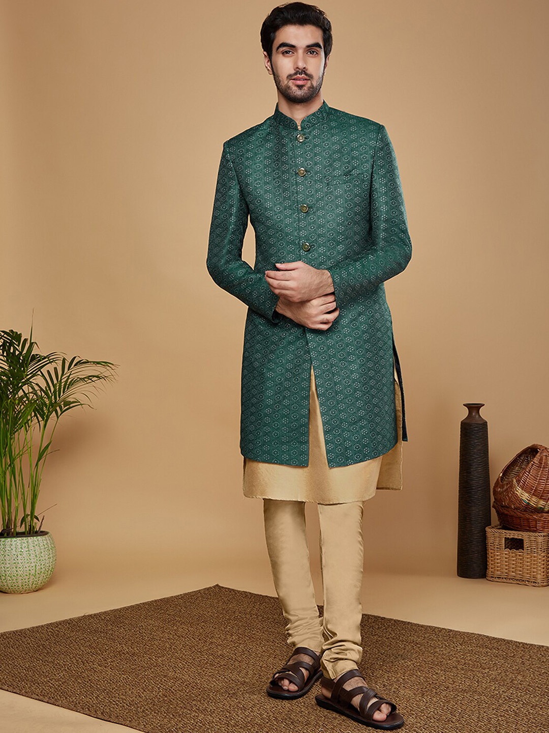 

KISAH Men Floral Self Design Kurta & Churidar With Indowestern Sherwani Set, Green