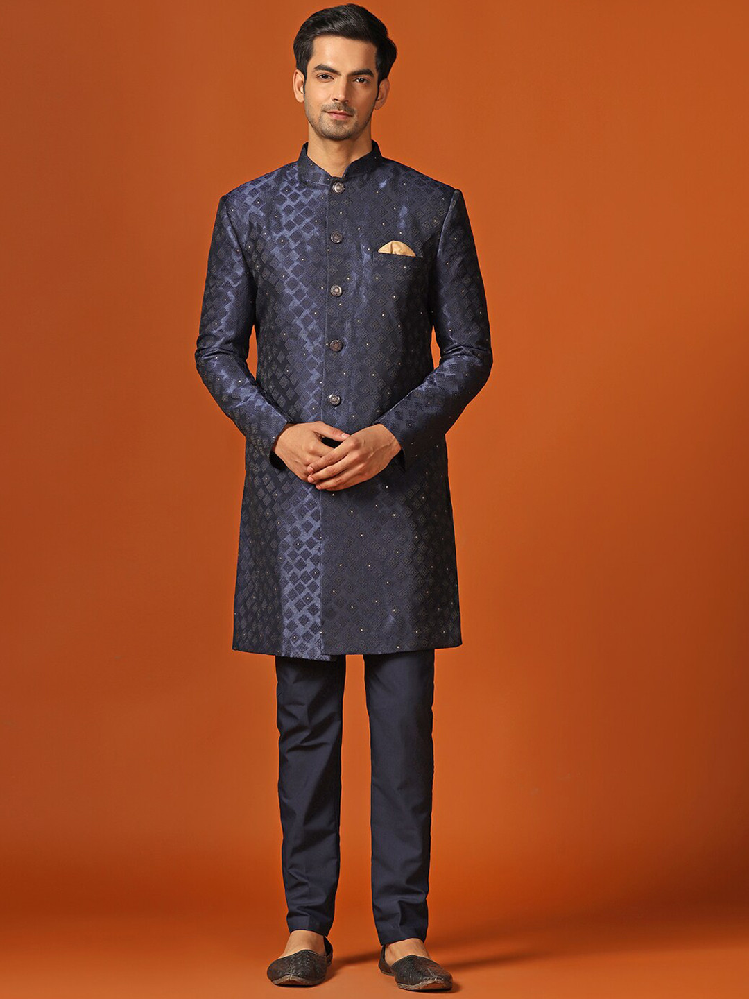 

KISAH Men Self-Design Mandarin Collar Kurta Indowestern Sherwani Trouser Set, Blue
