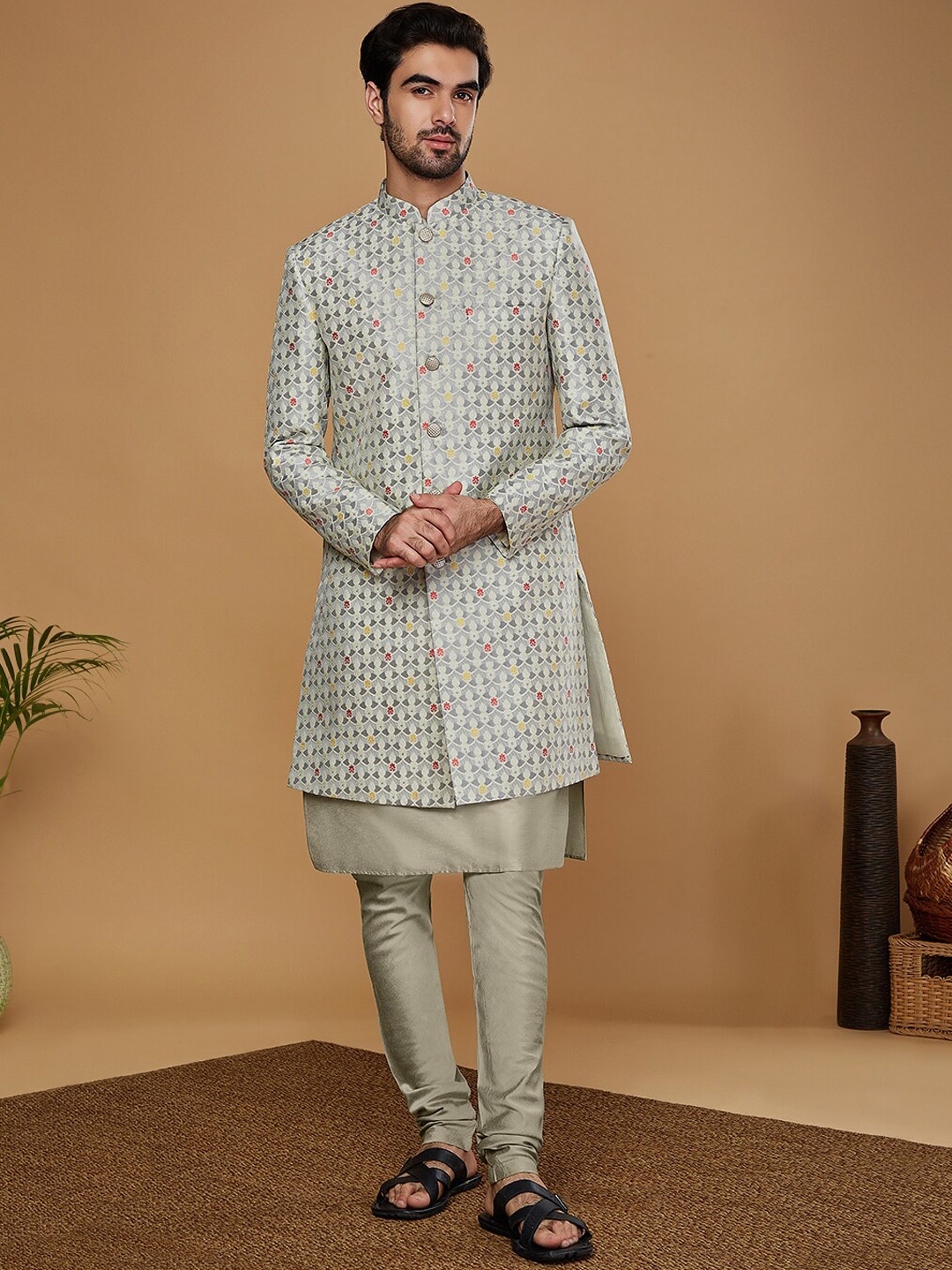 

KISAH Men Ethnic Motifs Self Design Kurta & Churidar With Indowestern Sherwani Set, Grey