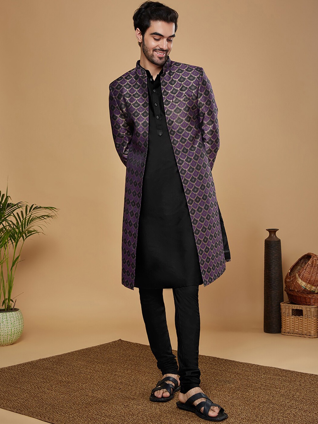 

KISAH Men Self Design Linen Kurta With Indowestern Sherwani And Churidar, Purple