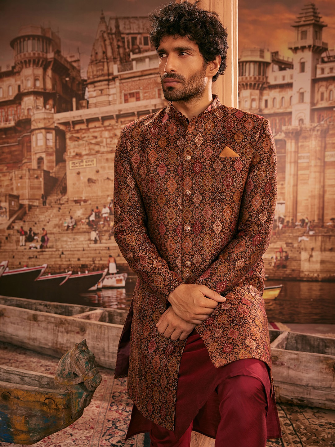 

KISAH Men Kurta with Indowestern Sherwani & Churidar Set, Maroon