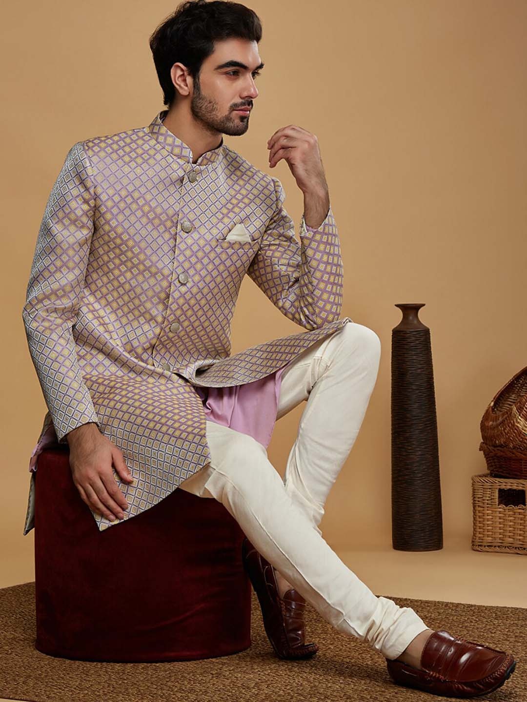 

KISAH Men Self-Design Mandarin Collar Kurta Indowestern Sherwani Churidar Set, Mauve