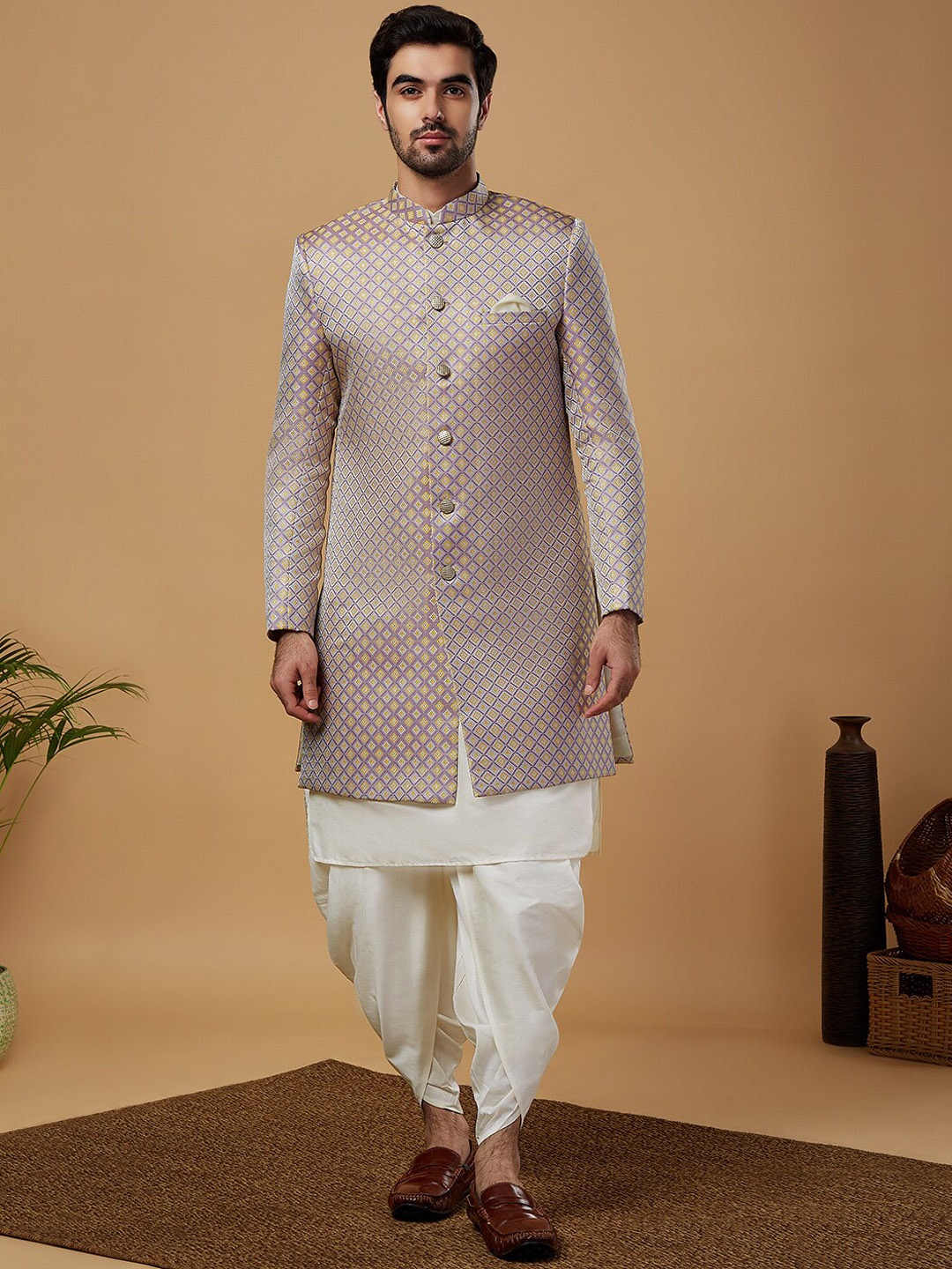 

KISAH Men Kurta with Indowestern Sherwani & Dhoti Pants Set, Mauve