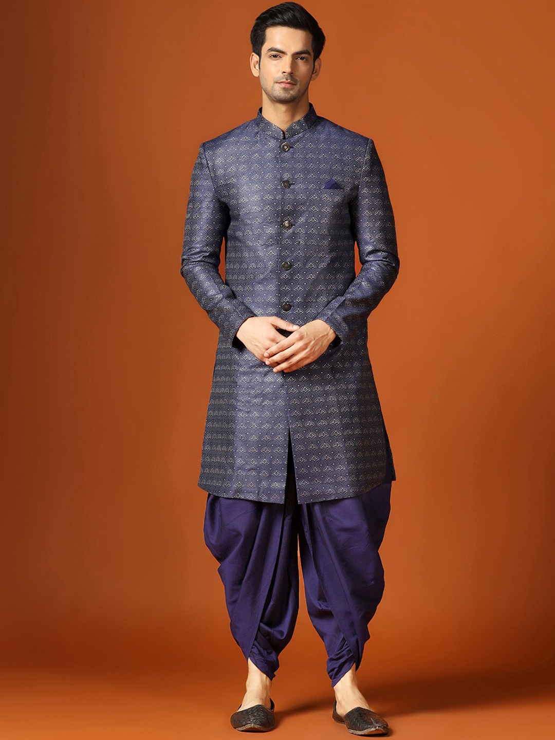 

KISAH Men Self-Design Mandarin Collar Kurta Indowestern Sherwani Dhoti Set, Navy blue