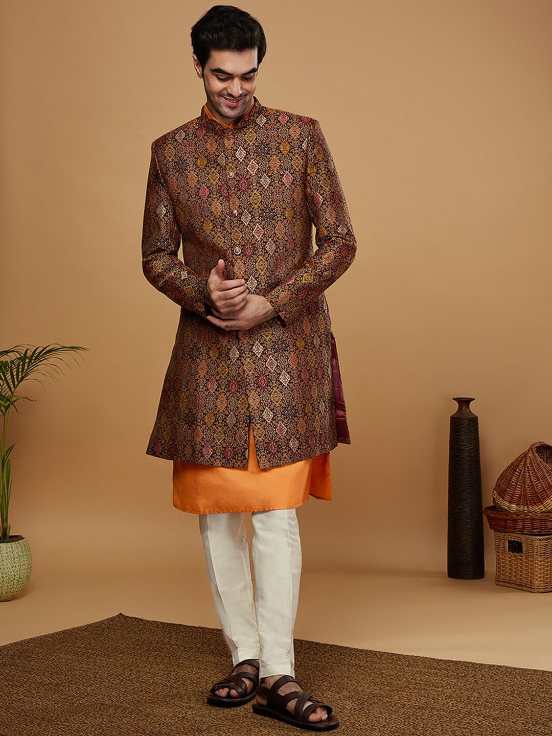 

KISAH Men Self-Design Mandarin Collar Kurta Indowestern Sherwani Trouser Set, Brown