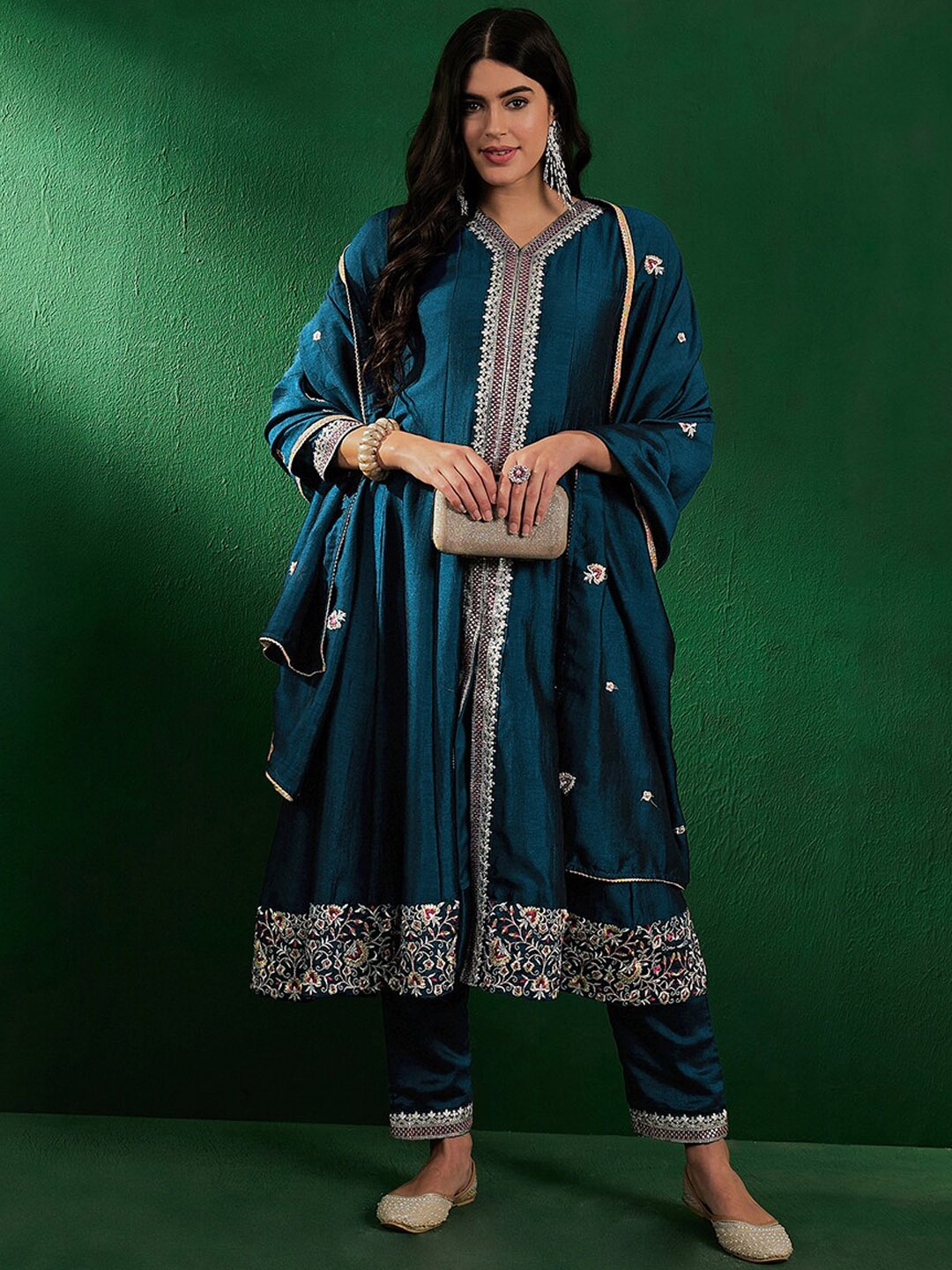 

Sangria Ethnic Motifs Embroidered Regular Kurta With Trousers & With Dupatta, Teal