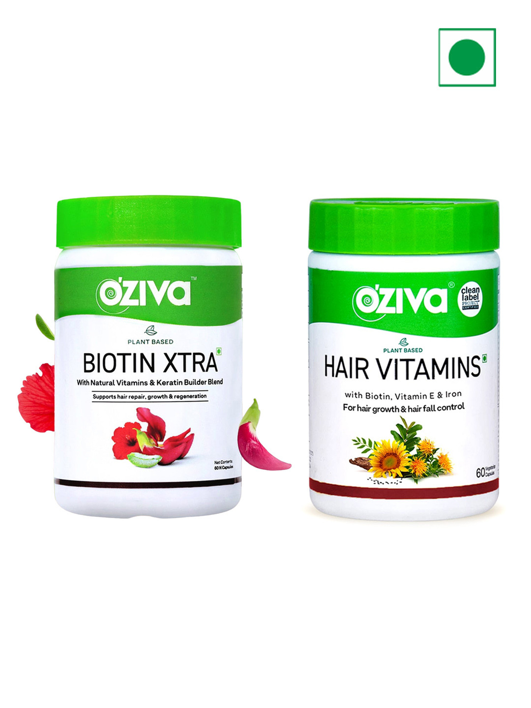 

OZiva Set of Plant Based Biotin Xtra Capsules + Plant Based Hair Vitamins Capsules, Green