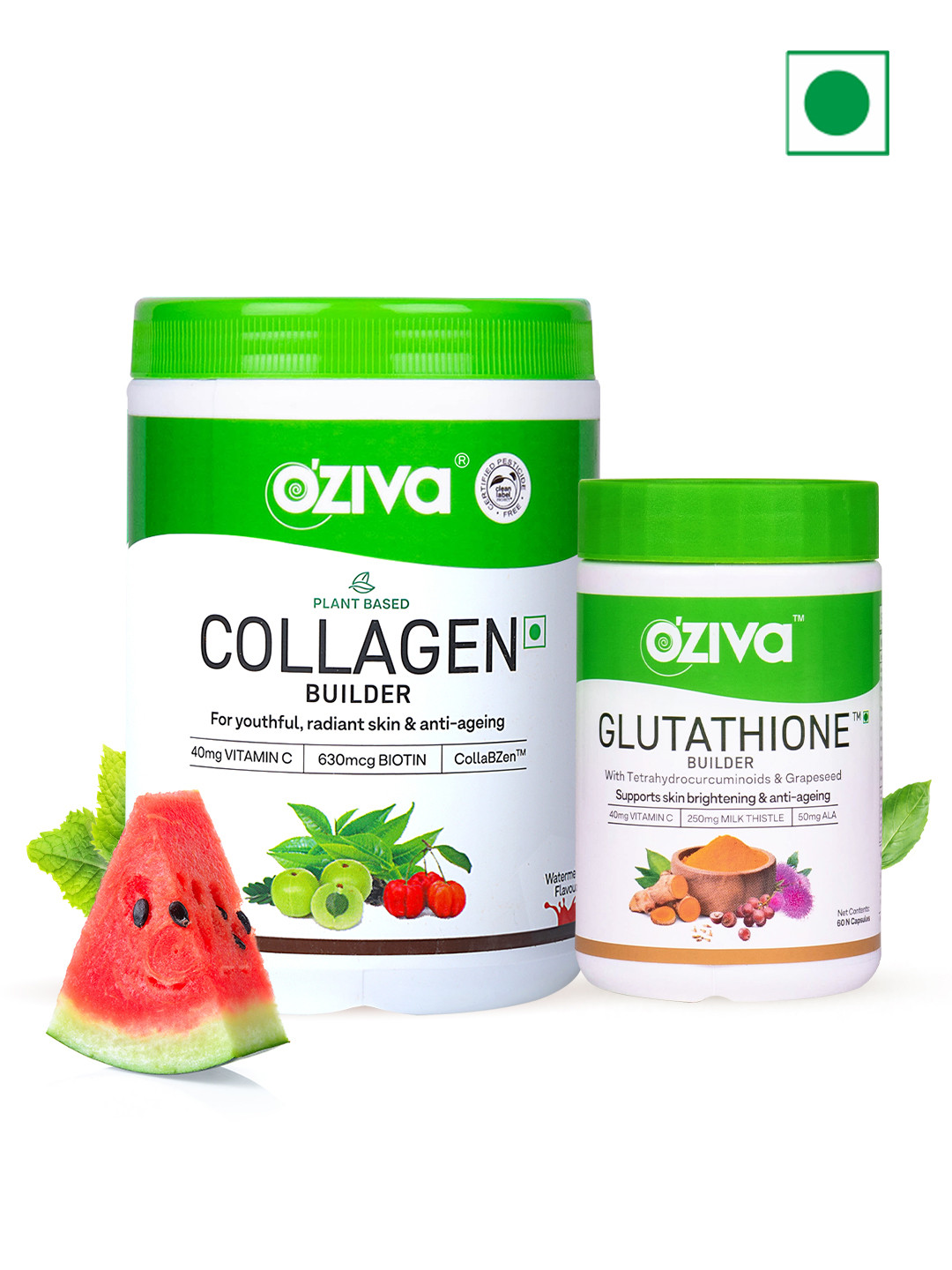 

OZiva Glutathione Builder Tablets + Plant Based Watermelon Collagen Builder Powder, Green
