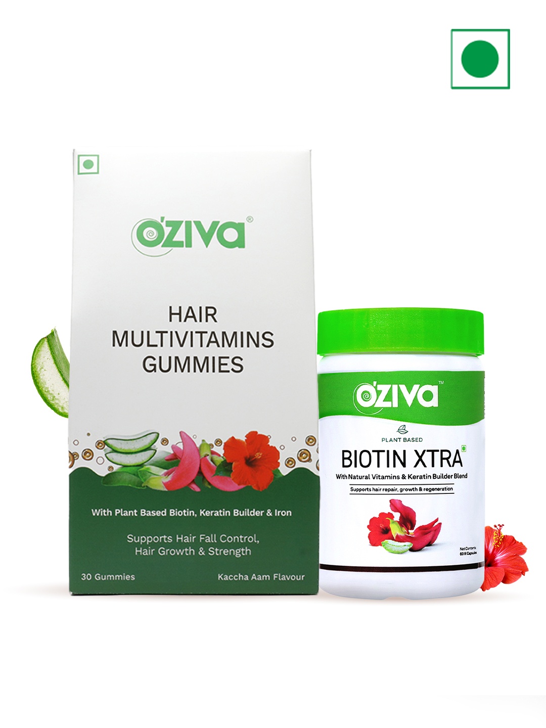 

OZiva Raw Mango Flavoured Hair Multivitamins Gummies+Plant Based Biotin Xtra Capsules, Green