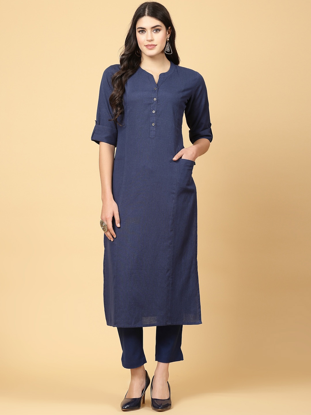 

Pistaa Mandarin Collar Roll-Up Sleeves Cotton Straight Kurta, Navy blue