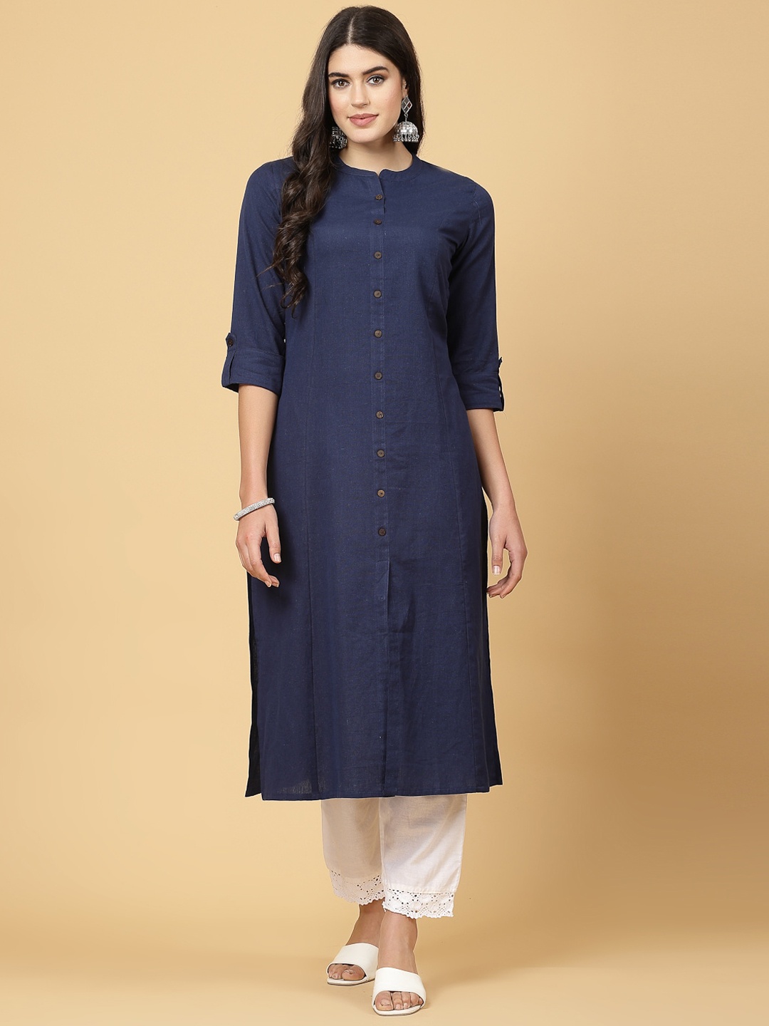 

Pistaa Mandarin Collar A-Line Kurta, Navy blue