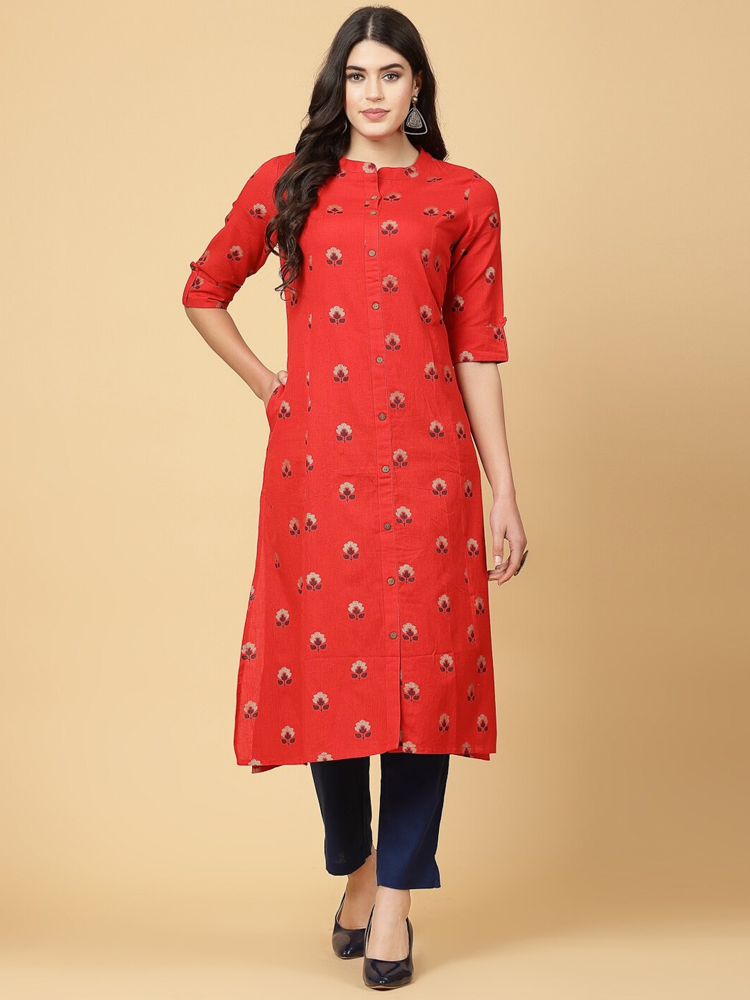 

Pistaa Floral Printed Band Collar Kurta, Red