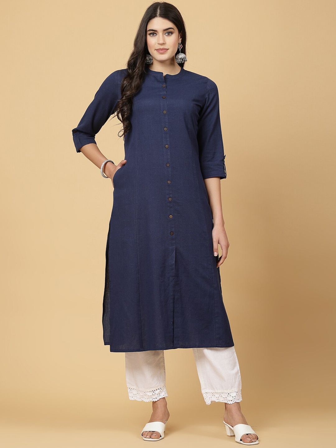 

Pistaa Band Collar Roll Up Sleeves Kurta, Navy blue