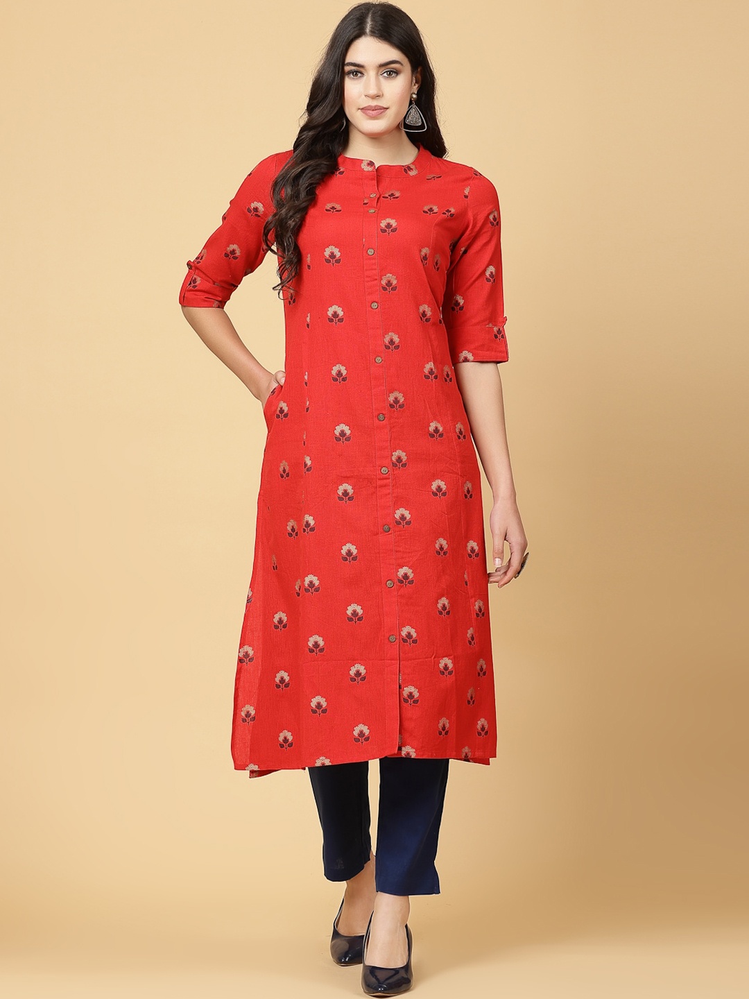 

Pistaa Ethnic Motifs Printed Pure Cotton Kurta, Red