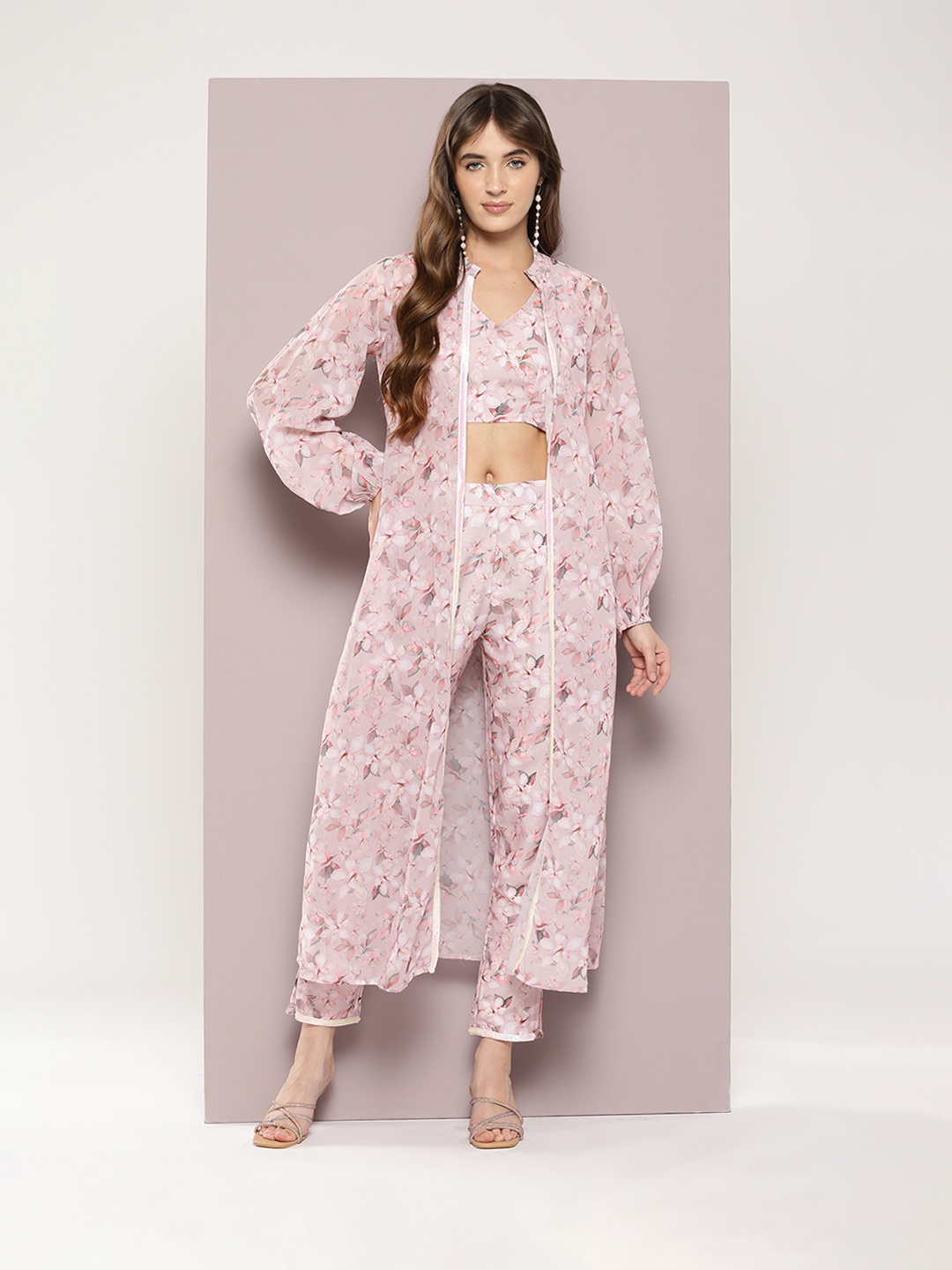 

Jompers Floral Printed Crop Top with Trousers & Shrug, Peach