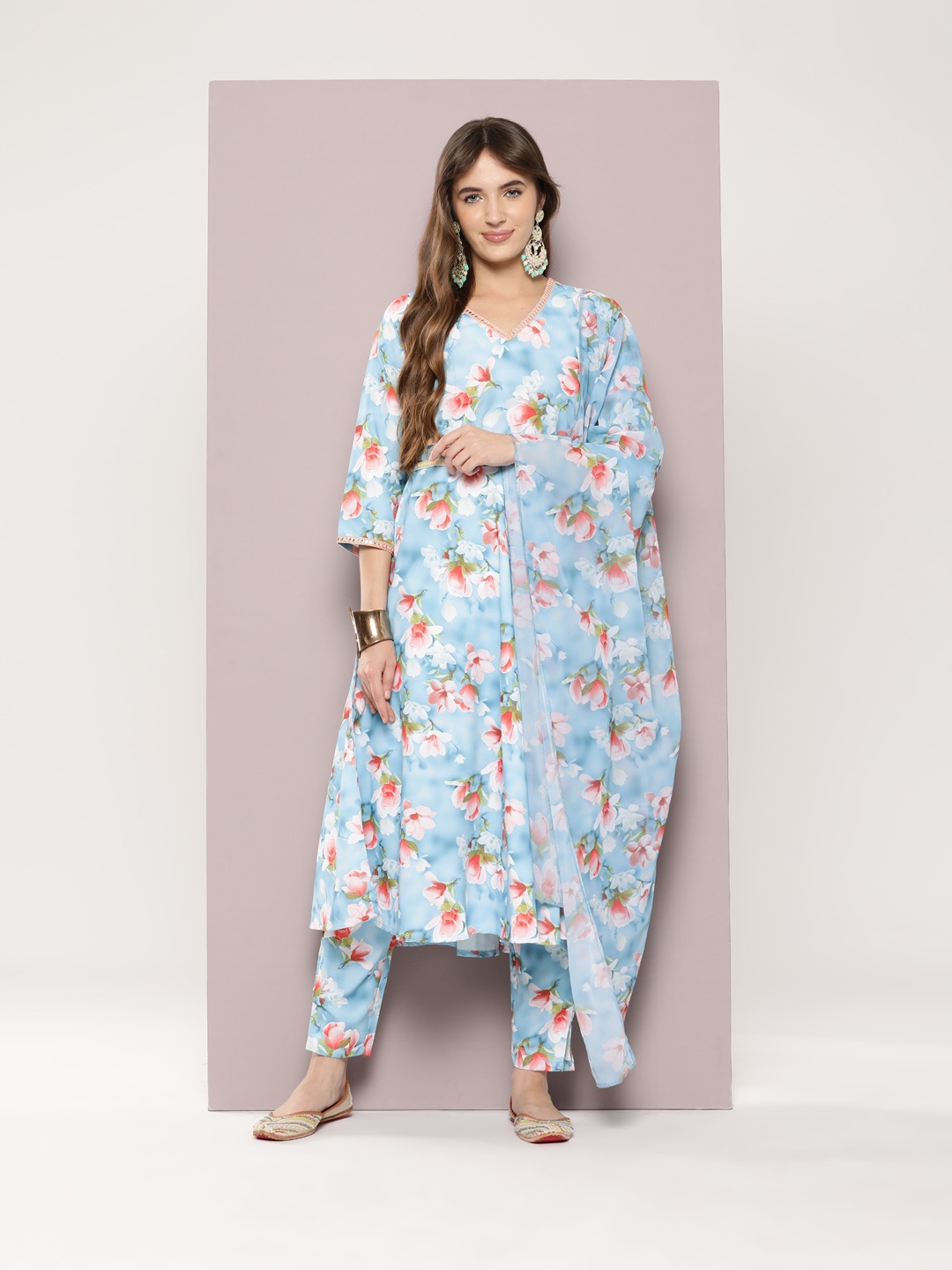 

Jompers Floral Printed Mirror Work Linen Kurta with Trousers & Dupatta & Belt, Blue
