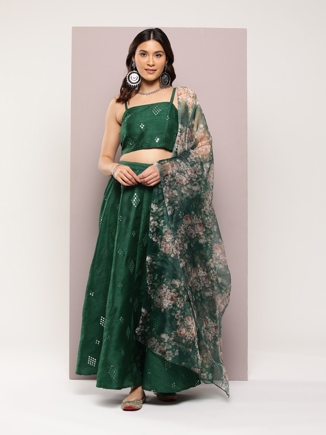 

Jompers Embroidered Mirror Work Ready to Wear Lehenga & Blouse With Dupatta, Green