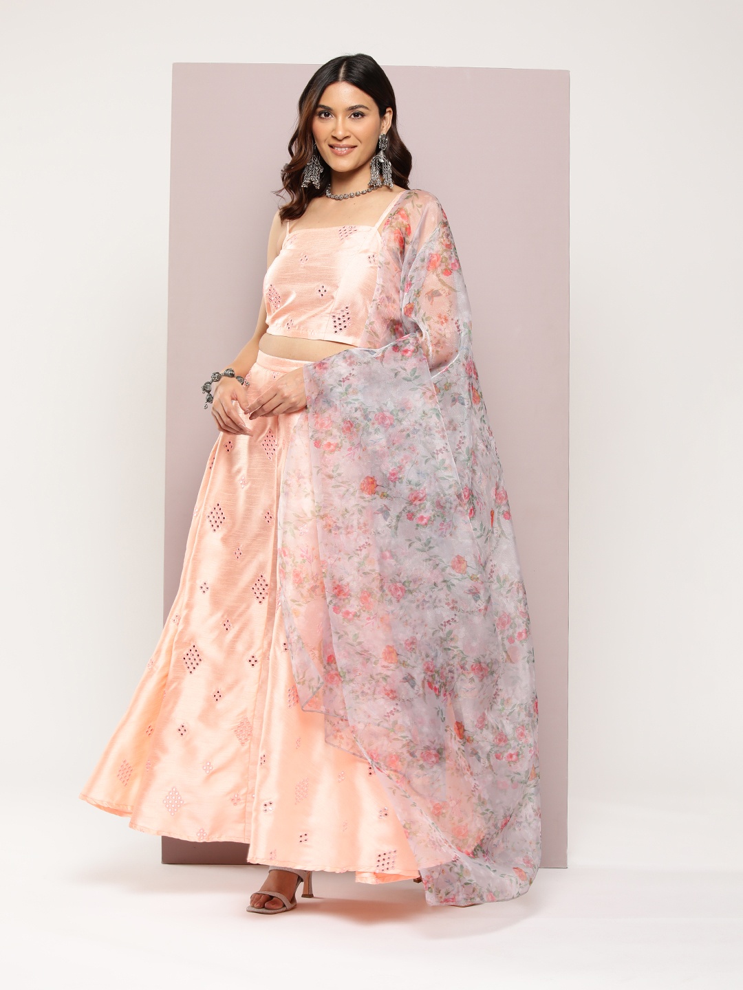 

Jompers Embroidered Mirror Work Ready to Wear Lehenga & Blouse With Dupatta, Peach