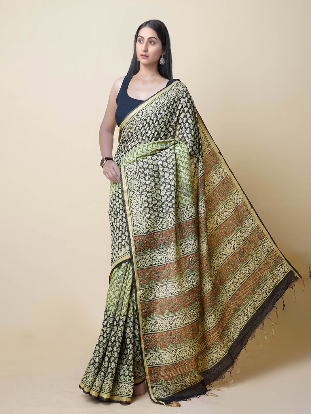 

Unnati Silks Bagru Printed Zari Silk Cotton Handloom Chanderi Saree, Green