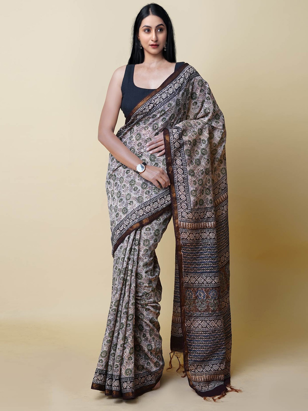 

Unnati Silks Bagh Silk Cotton Chanderi Saree, Grey