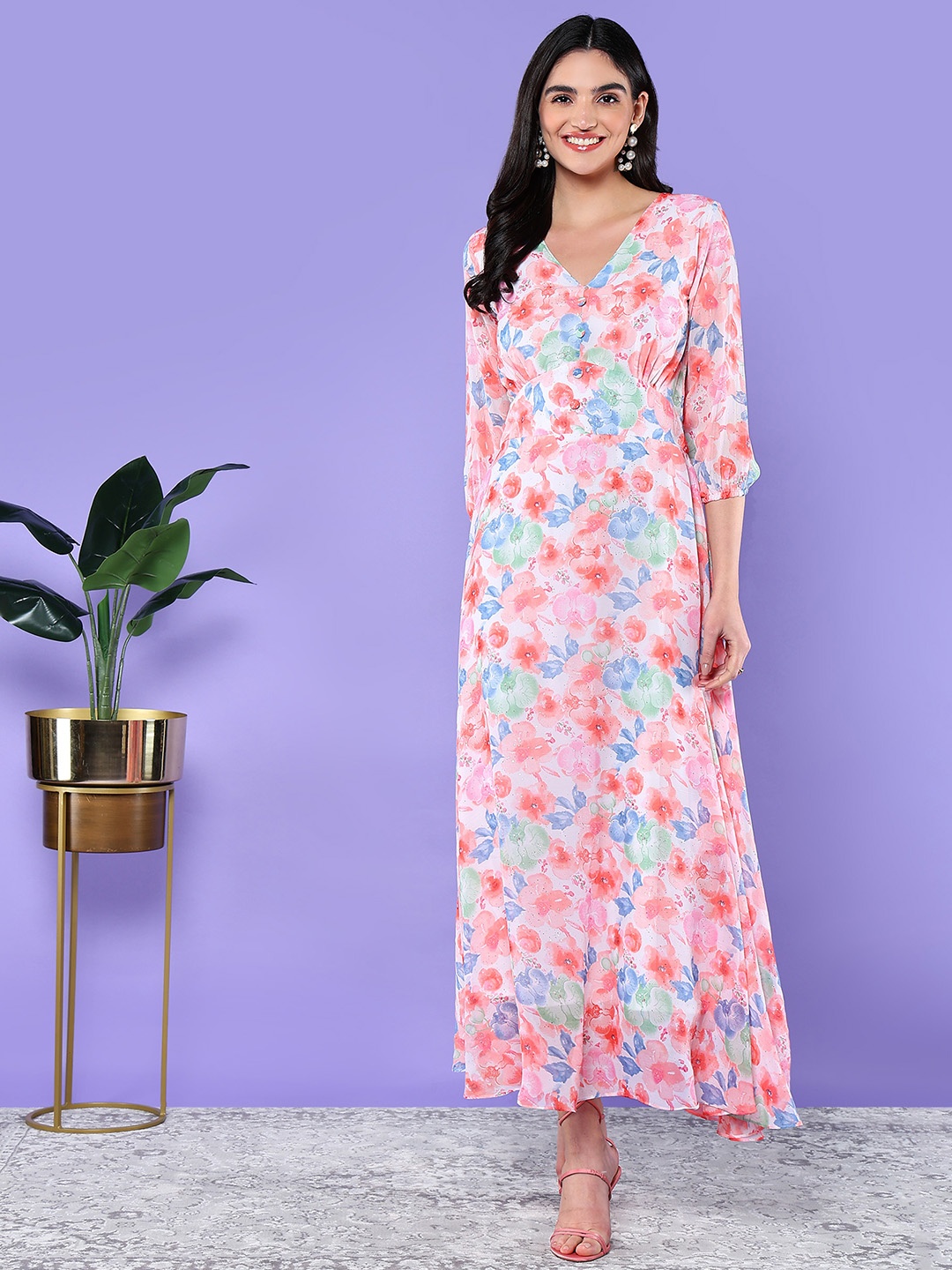 

BAESD Floral Print Puff Sleeve Chiffon Maxi Dress, Peach
