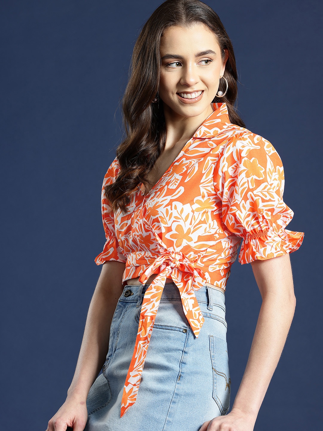 

Mast & Harbour Floral Print Puff Sleeves Wrap Crop Top, Orange