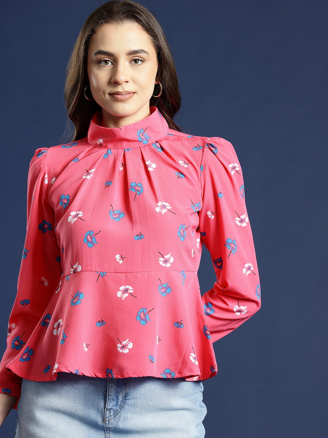 

Mast & Harbour Floral Print High Neck Peplum Top, Fuchsia