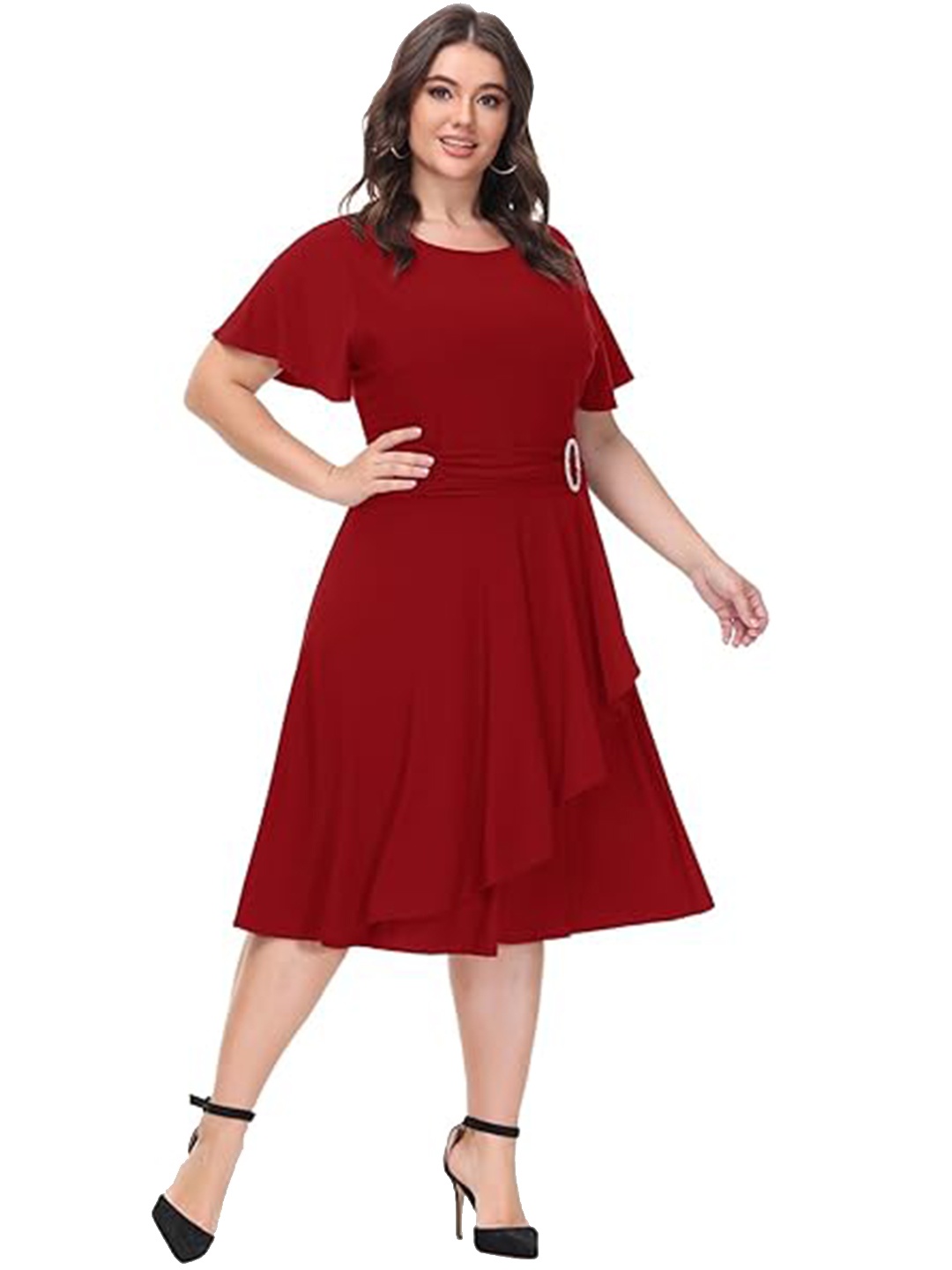 

Samsara Couture Flutter Sleeves Fit & Flare Midi Dress, Red