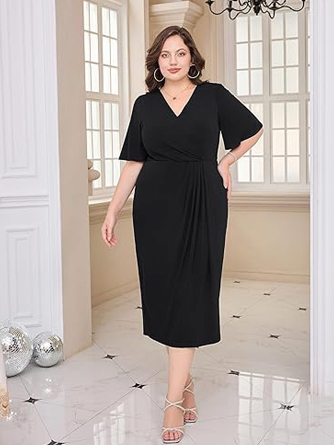 

Samsara Couture V-Neck Gathered Wrap Midi Dress, Black