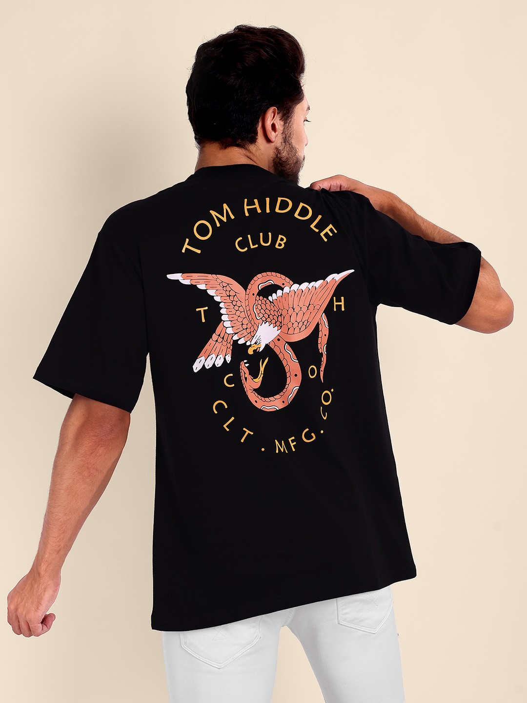 

TOMHIDDLE Graphic Printed Drop Shoulder Sleeves Oversized Pure Cotton T-shirt, Black