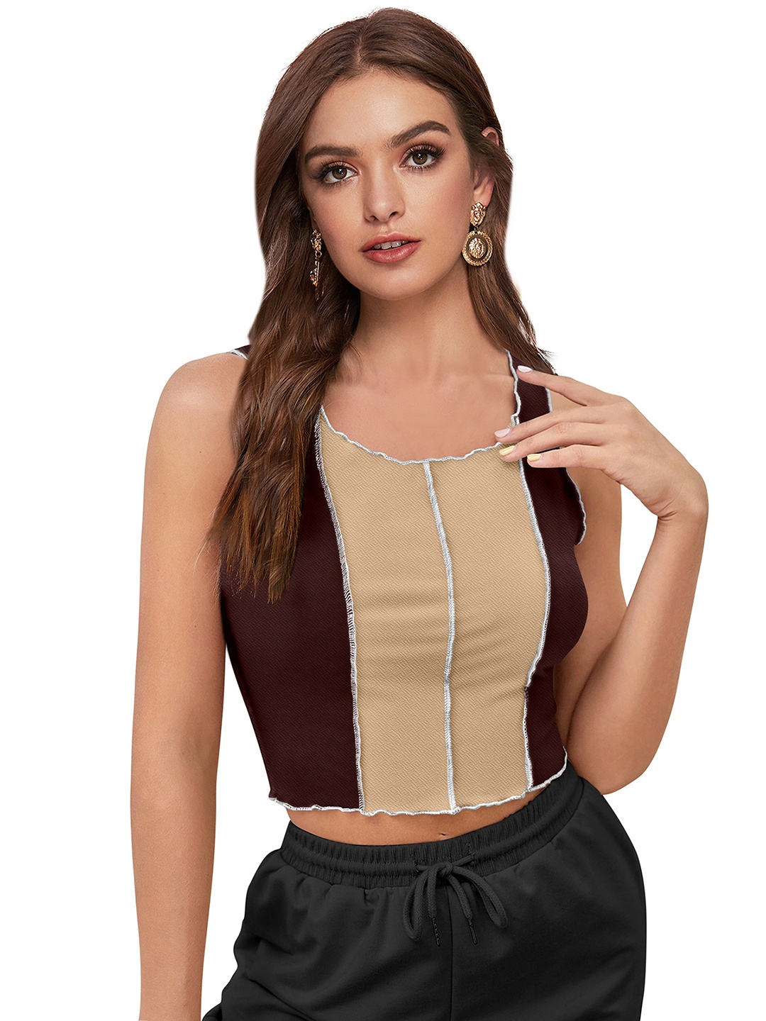 

SANJANA SILK Colourblocked Fitted Crop Top, Coffee brown